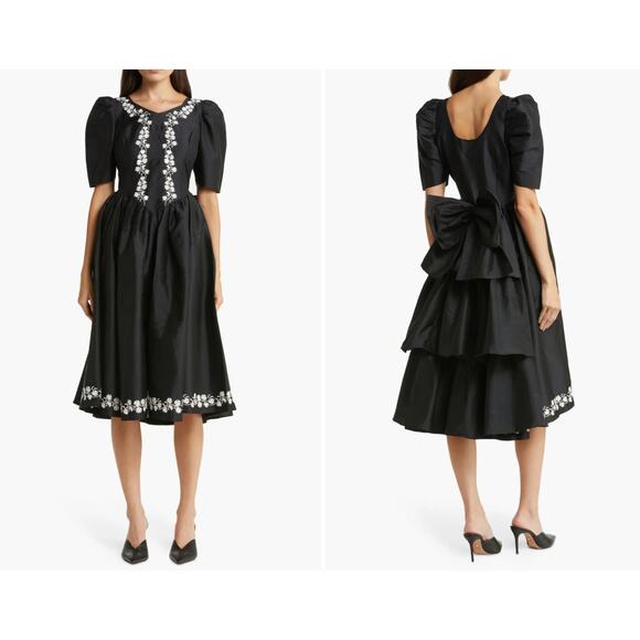 Batsheva Jolie Embroidered Dress in Black With White Embroidery - Picture 1 of 7